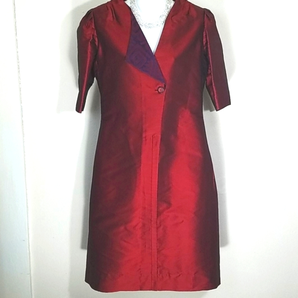 Dress coat geometric print red Burgandy satin - Picture 2 of 8